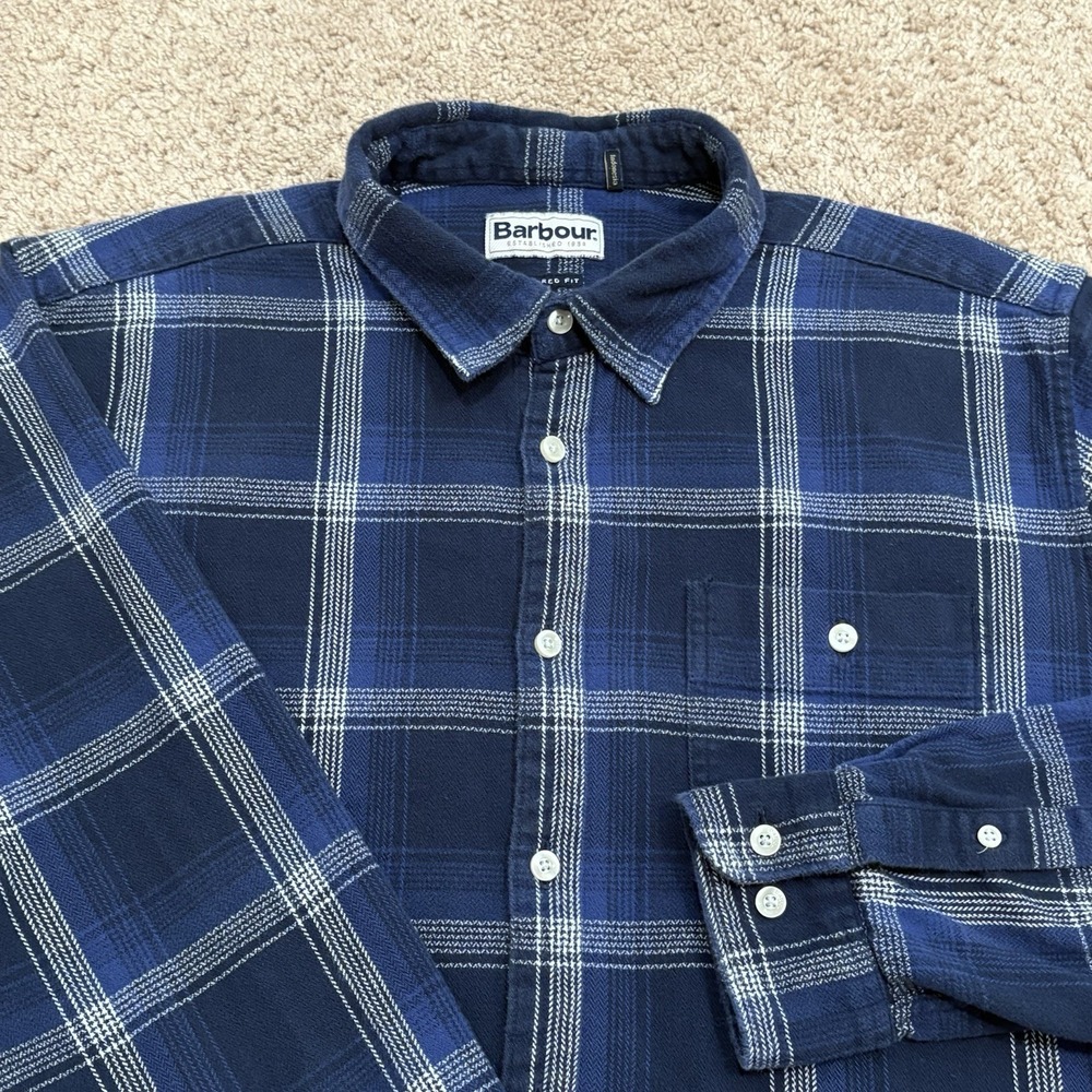 Barbour Tailored Fit Shirt Men's Large Plaid Button Up Blue Cotton
